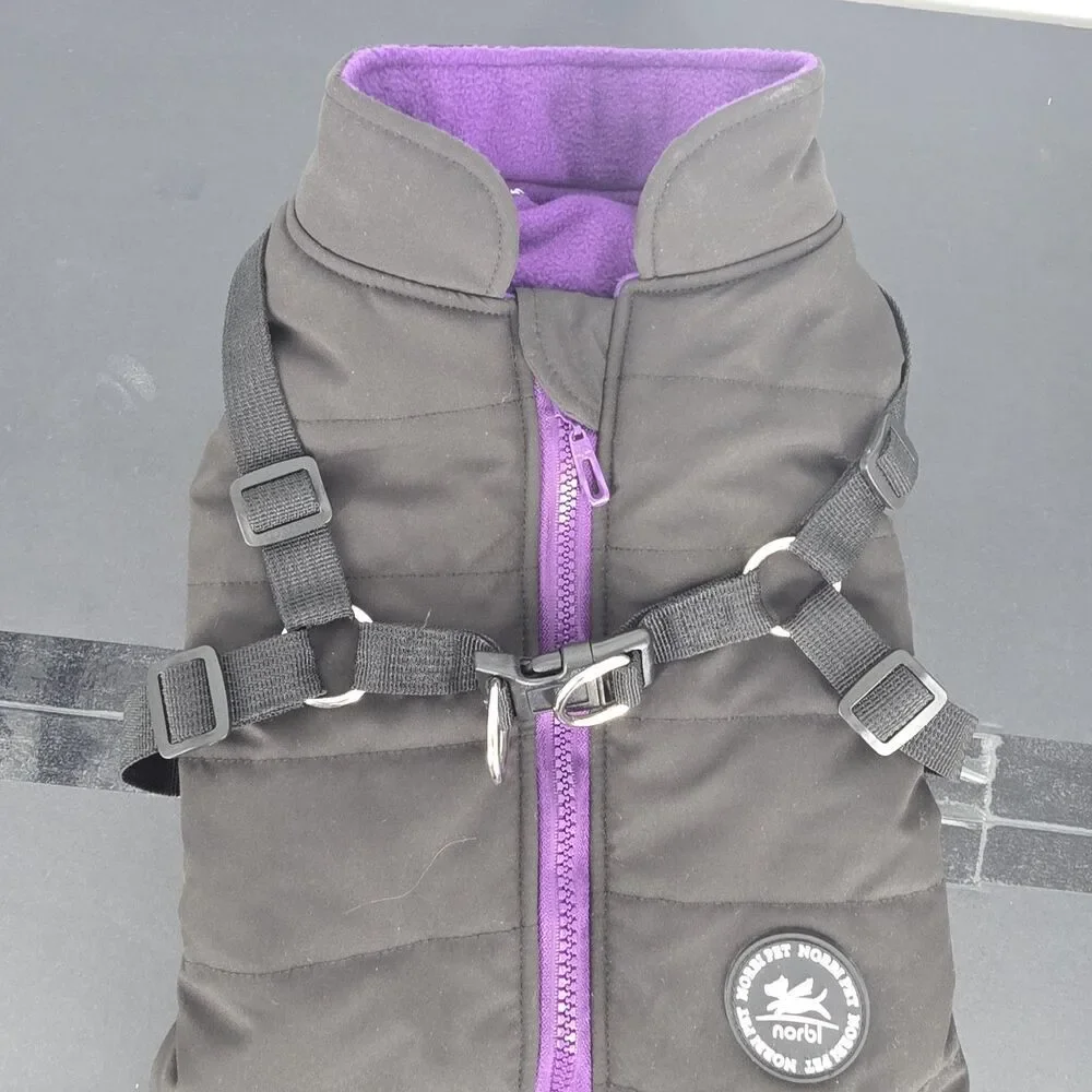 NorbiPet Dog Harness Jacket Large Black Purple Fleece Warm Adjustable Vest